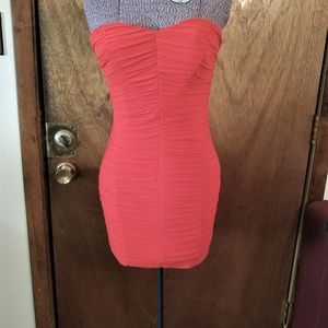 Bebe Red-Orange Shirred Strapless Mini Dress